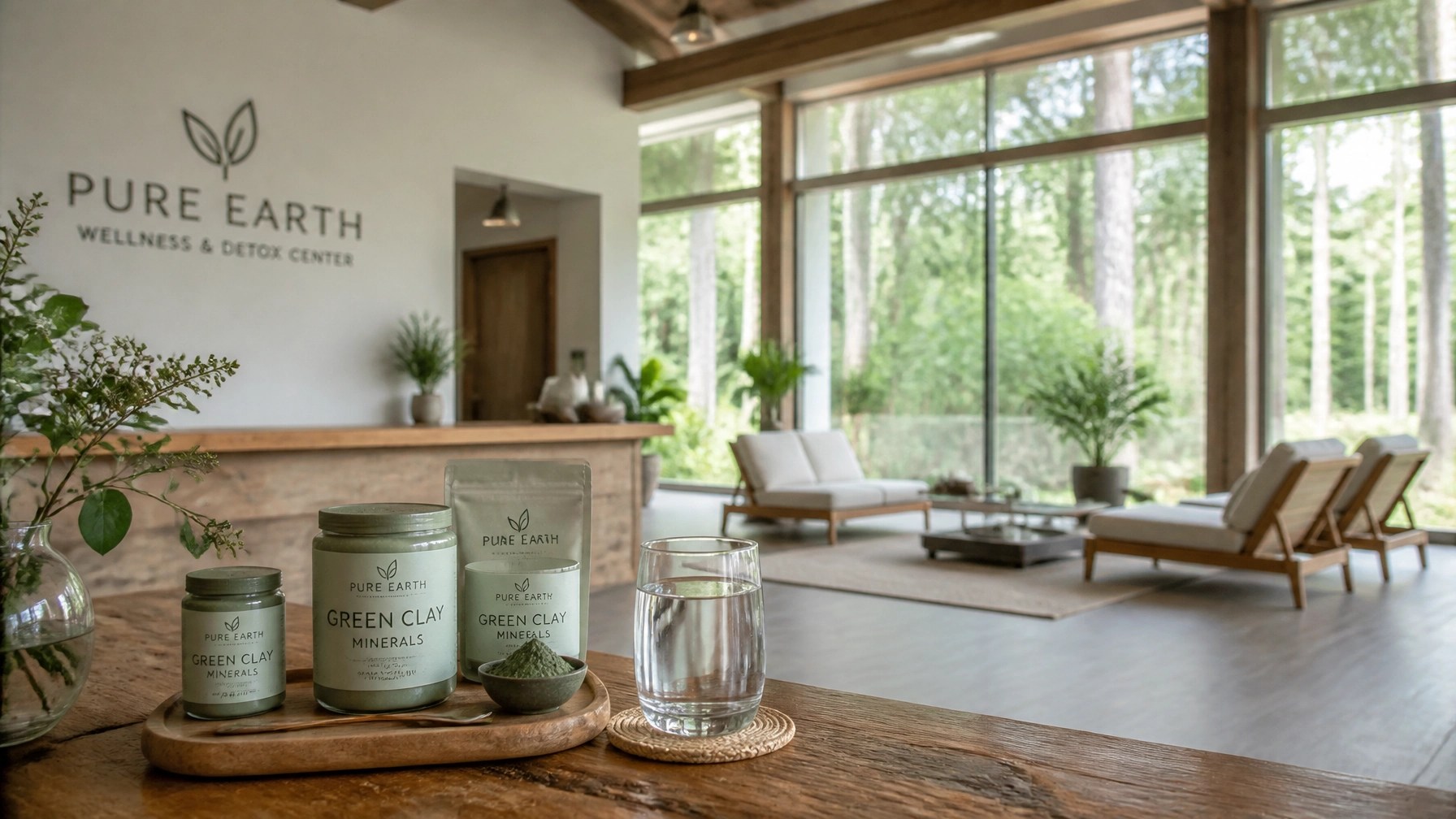 A peaceful wellness center with jars of green clay minerals, symbolizing holistic health.