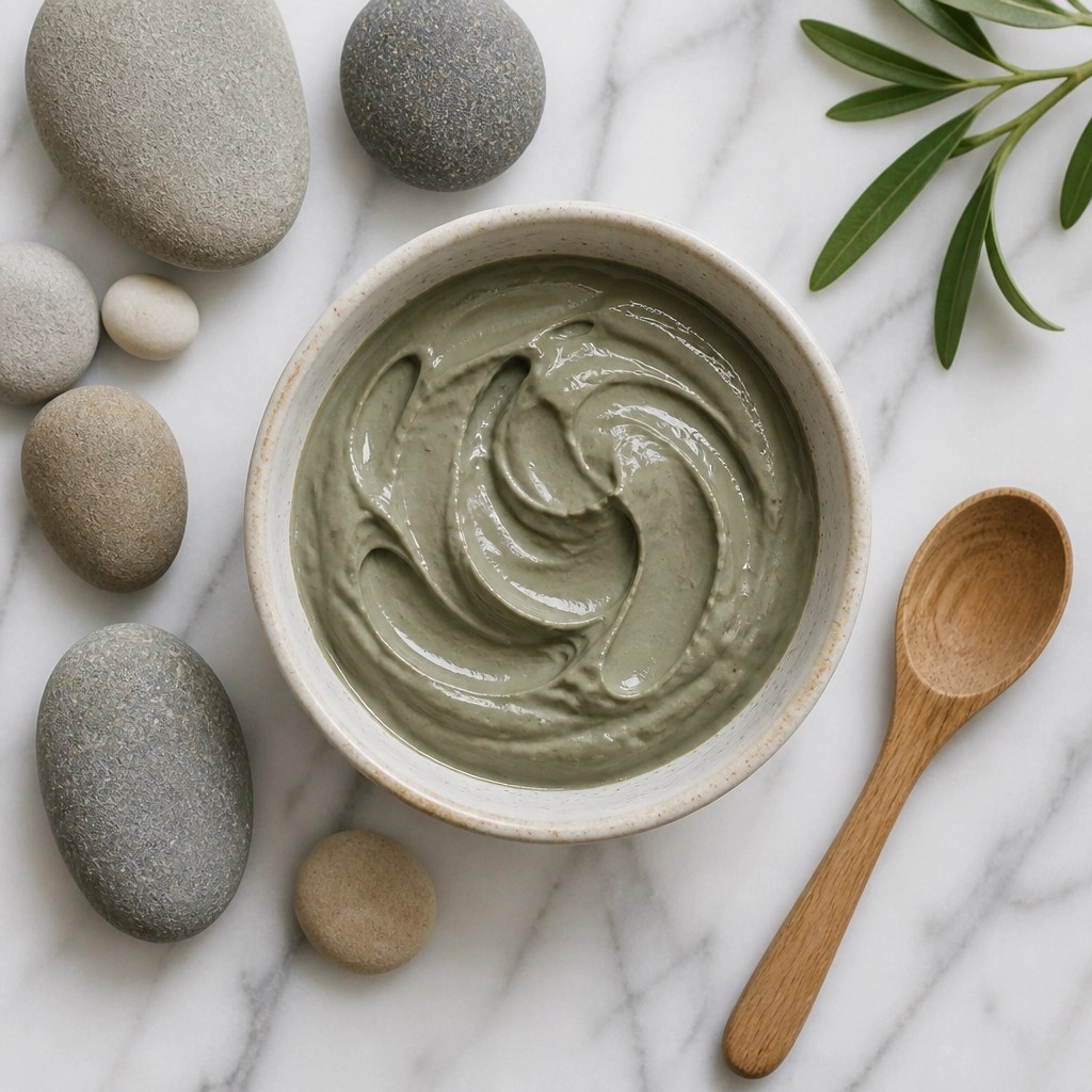 A top-down aesthetic shot of a ceramic bowl filled with wet French green clay on a marble surface