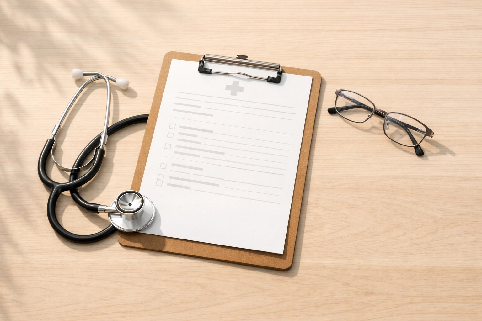 Medical justification form on a clipboard with a stethoscope for booking a patient ride.