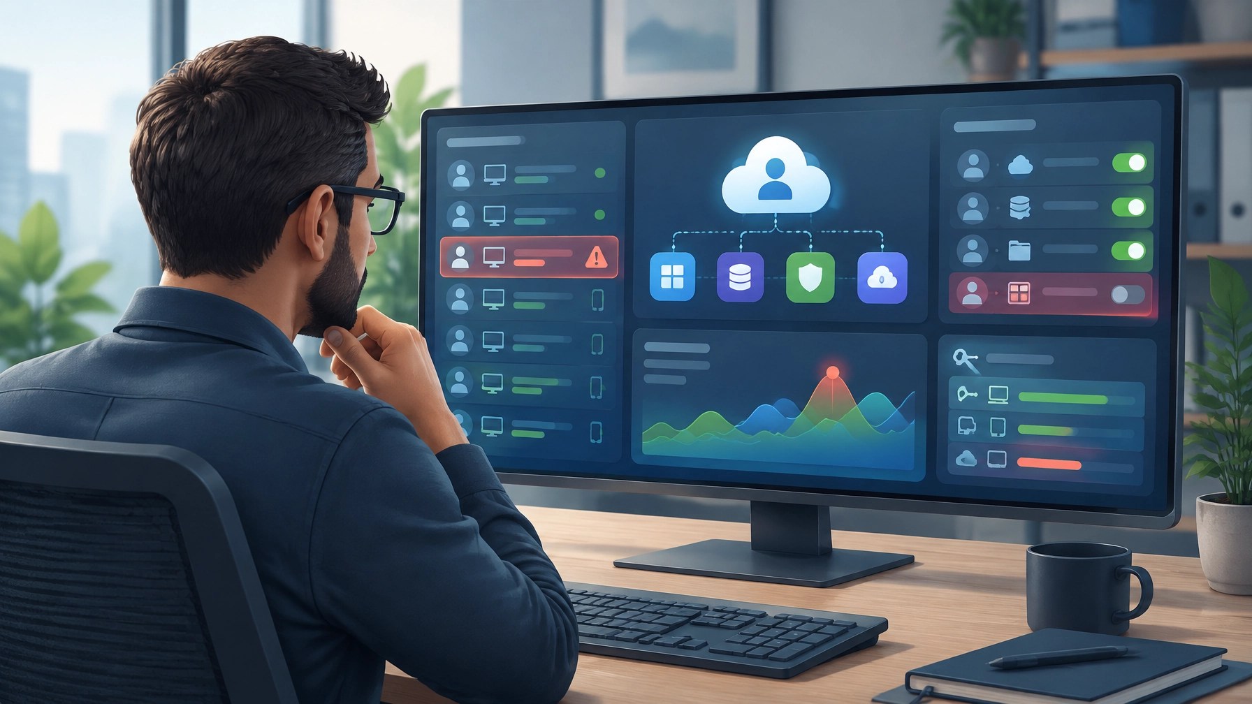 An IT administrator reviewing abstract application sign-ins, permissions, and cloud identity activity