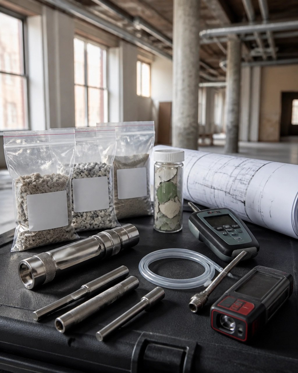 Technical inspection kit with asbestos sampling containers, moisture meter, vapor tubing, and building assessment tools inside a Manhattan commercial property