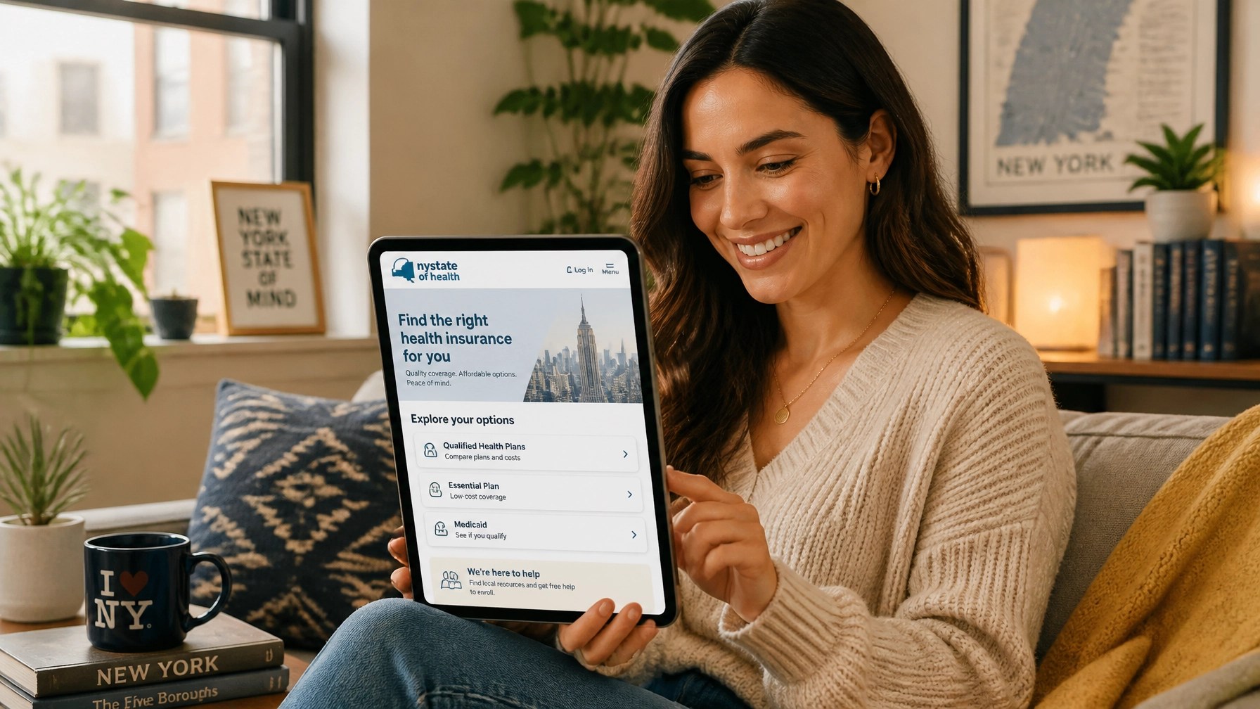 New York resident reviewing health insurance options on a tablet at home