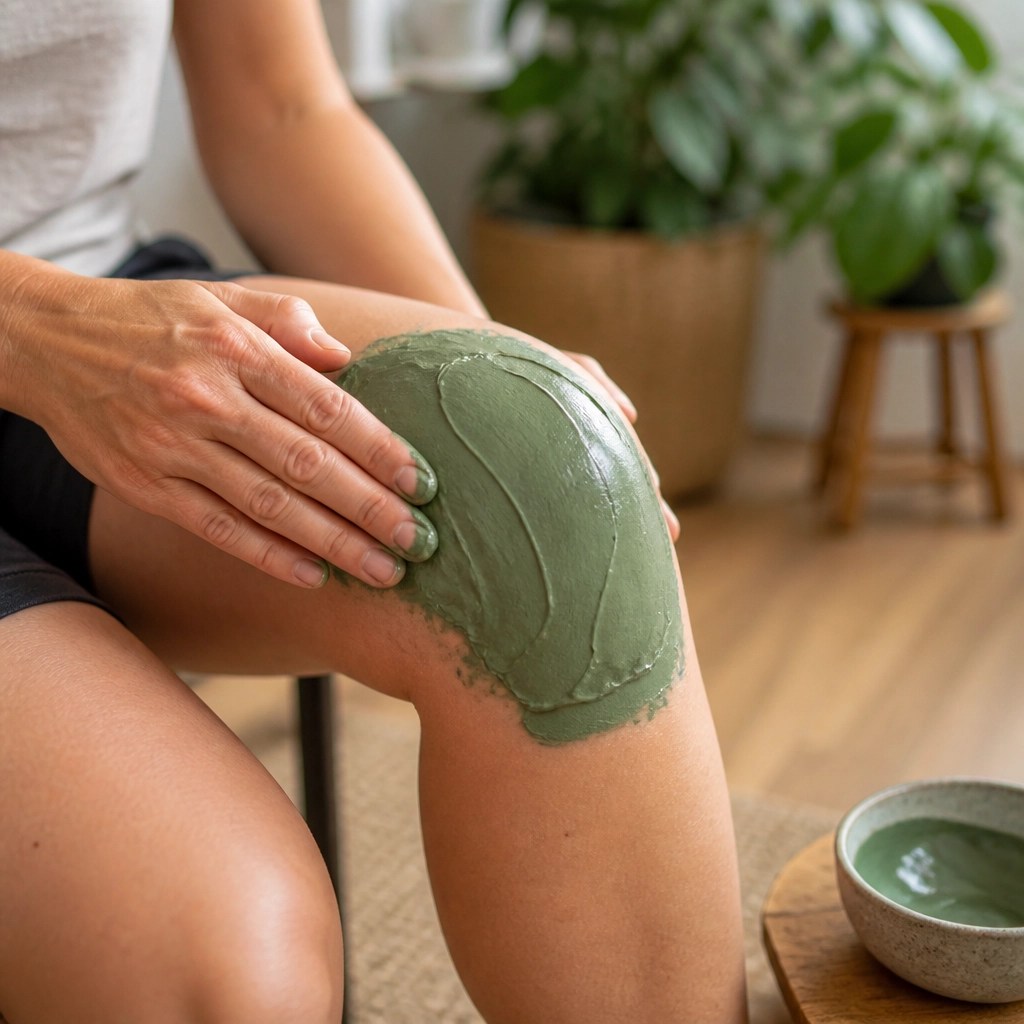 Applying green clay to a sore knee for recovery