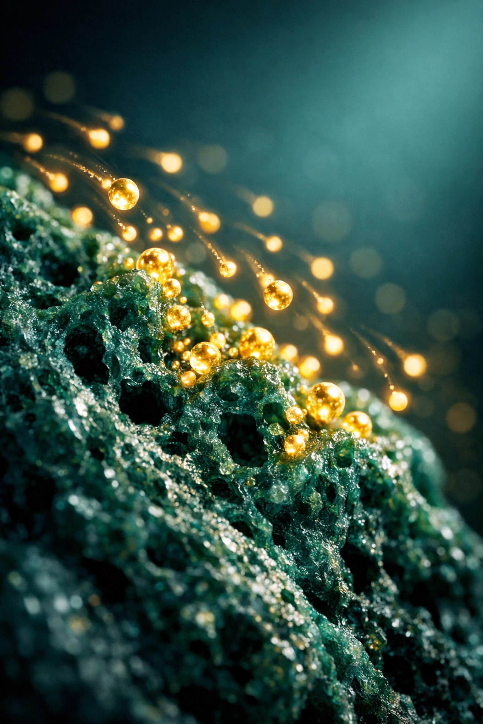 Microscopic visualization of green healing clay minerals pulling out metabolic waste for natural pain relief.