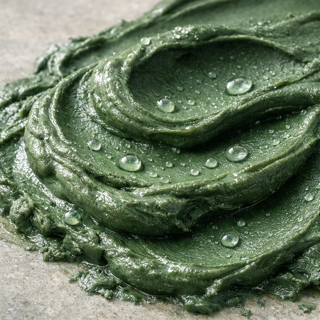 Macro view of mineral-rich French green healing clay paste for treating dog skin irritations.