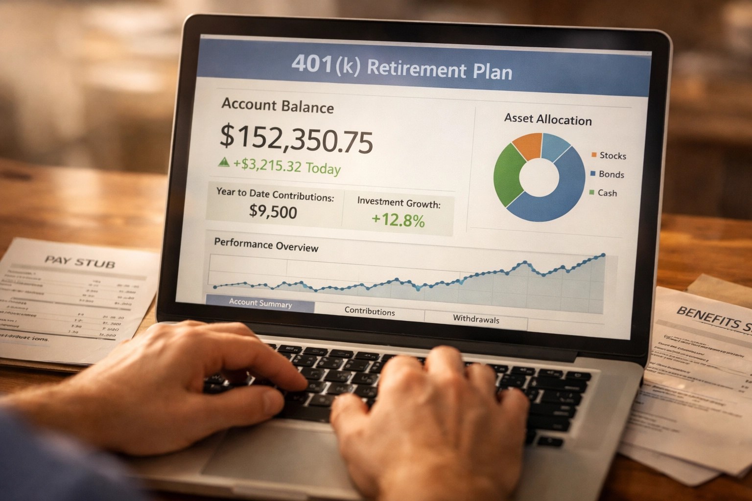 Checking 401k retirement account dashboard and pay stub for tax-advantaged savings opportunities