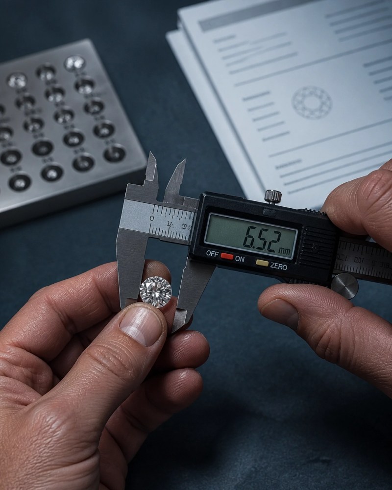 Digital calipers measuring the girdle diameter of a loose diamond beside a stone gauge and lab report