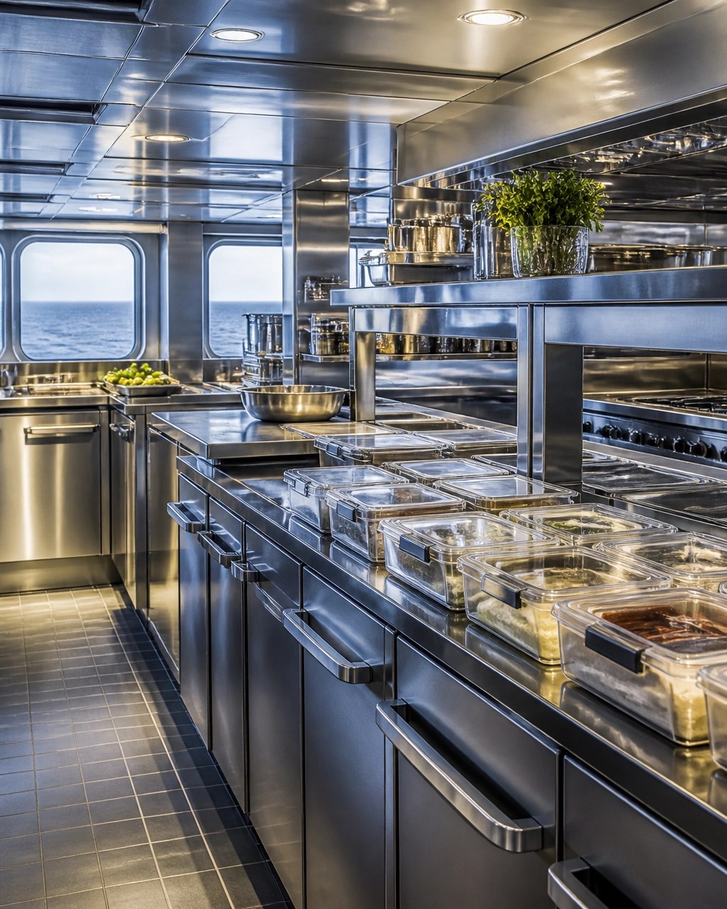 Spotless cruise ship galley with polished surfaces and neatly organized food storage