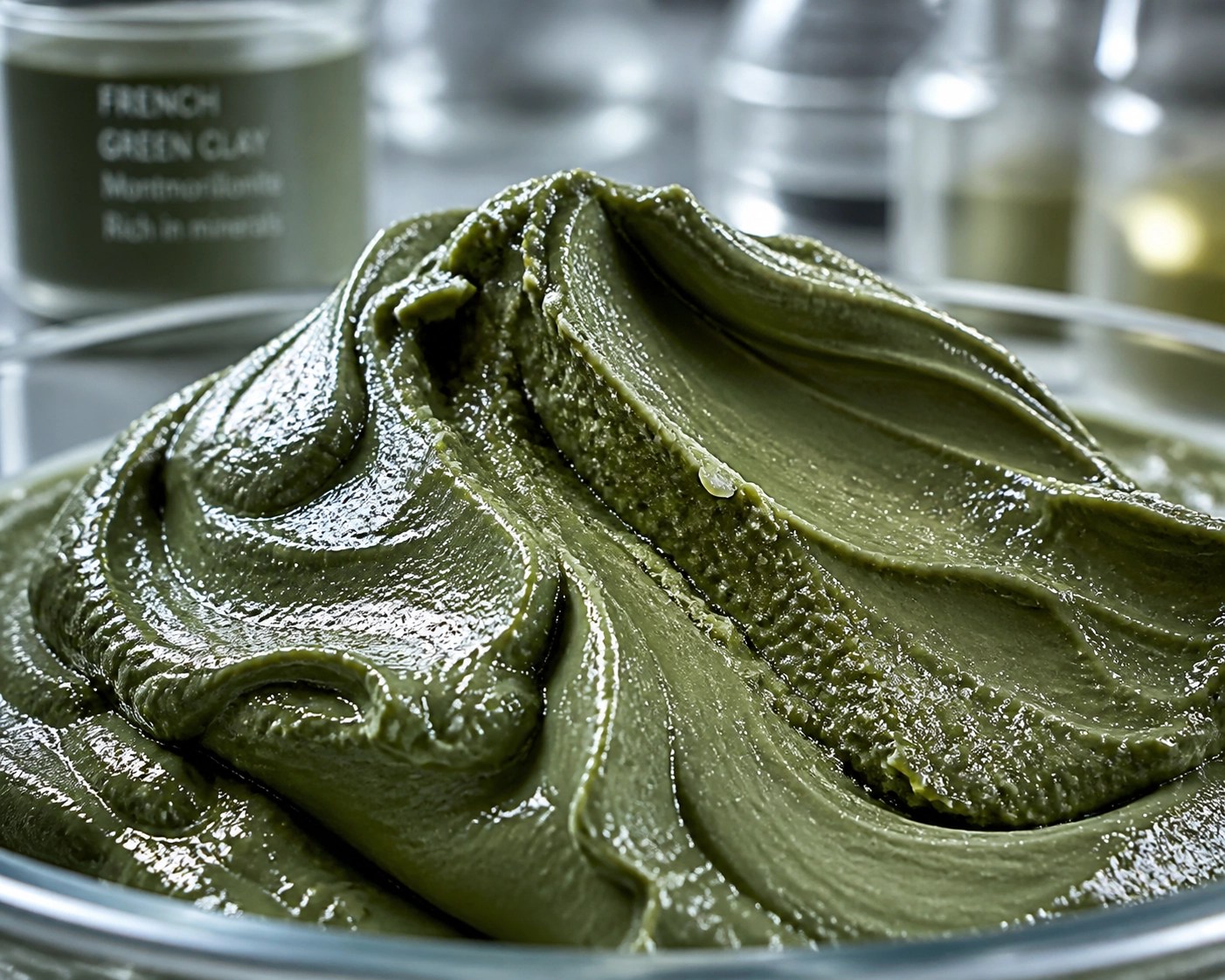 Close-up of mineral-rich French green clay texture highlighting its scientific detox properties and ionic charge.