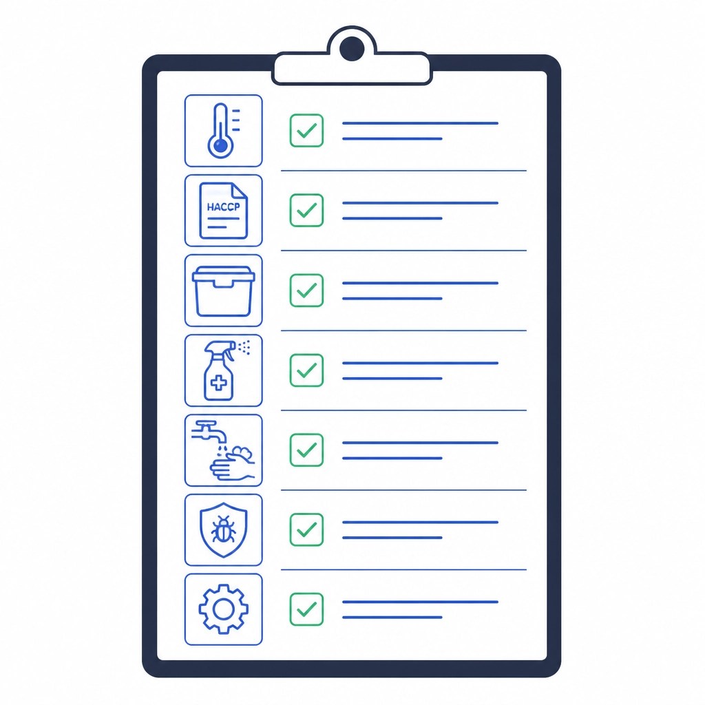 Checklist illustration showing temperature logs, HACCP records, sanitation, handwashing, storage, pest control, and equipment checks