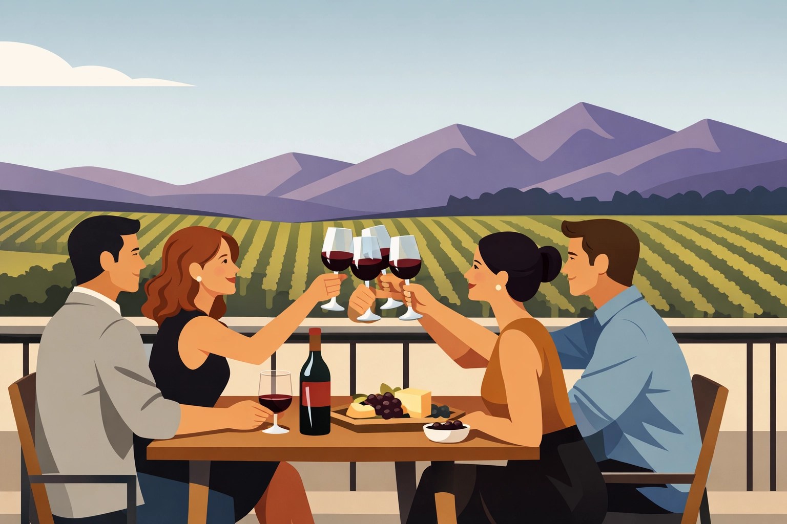 Friends enjoying a sophisticated wine tasting experience on a scenic vineyard terrace in Northern Virginia.