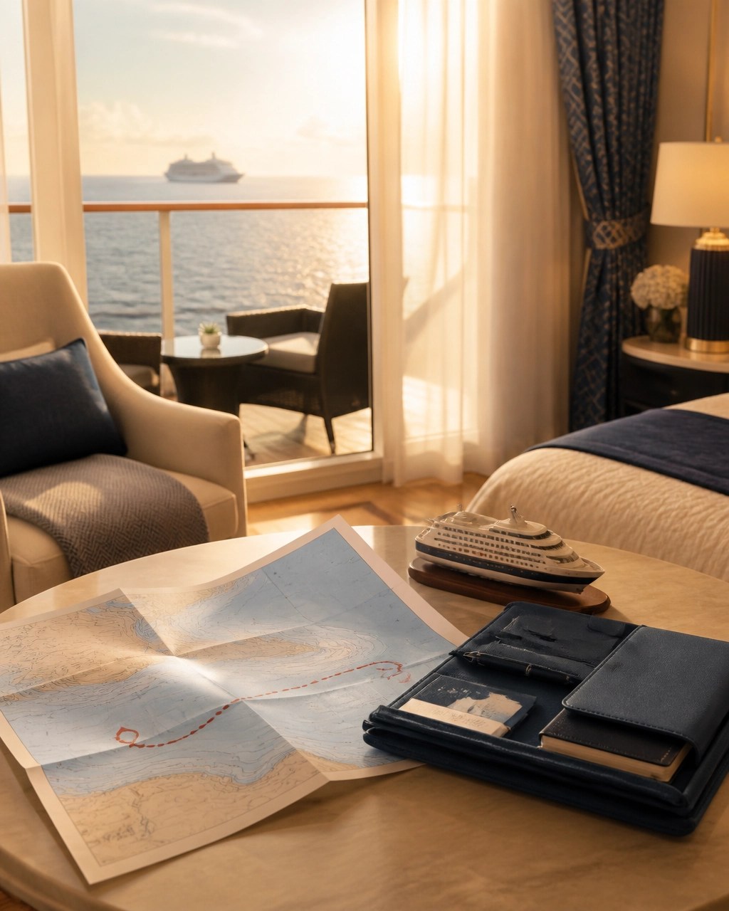 Elegant modern cruise suite with a nautical chart and travel folder in warm sunlight