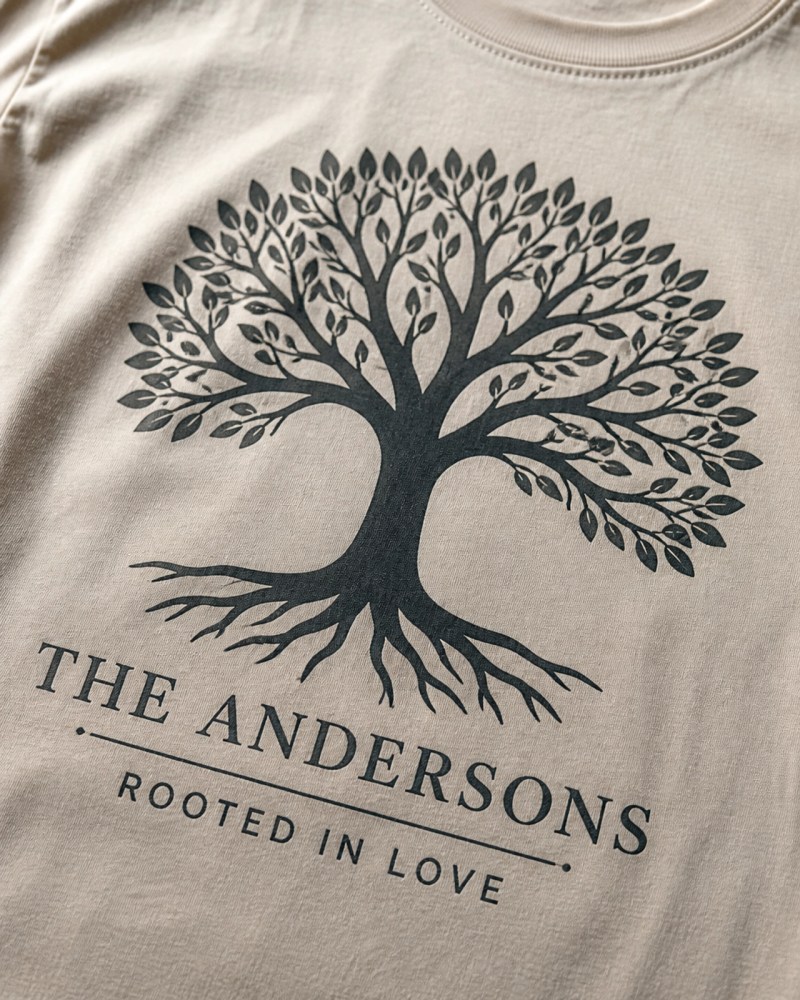 Close-up of minimalist family tree design on a t-shirt
