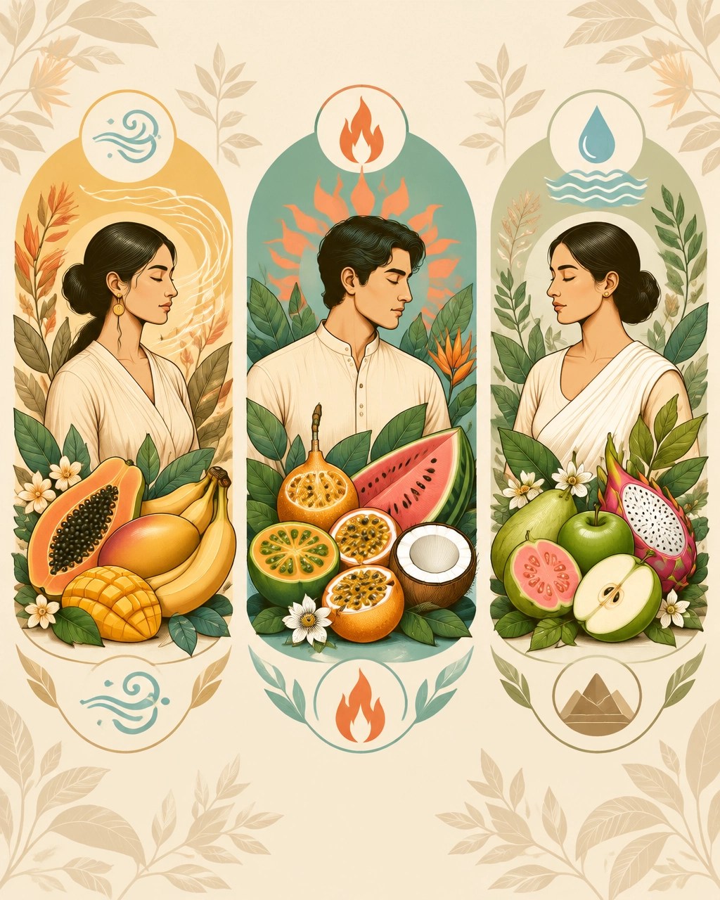 Ilustración de frutas colombianas organizadas de manera orientativa para Vata, Pitta y Kapha