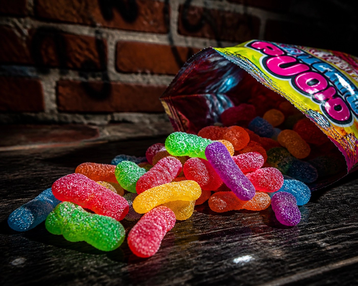Neon THC gummies spilling from a colorful bag, showing how synthetic weed is disguised as popular candy.