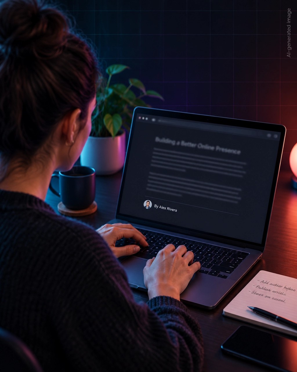 Person adding an author byline to a simple article page on a laptop