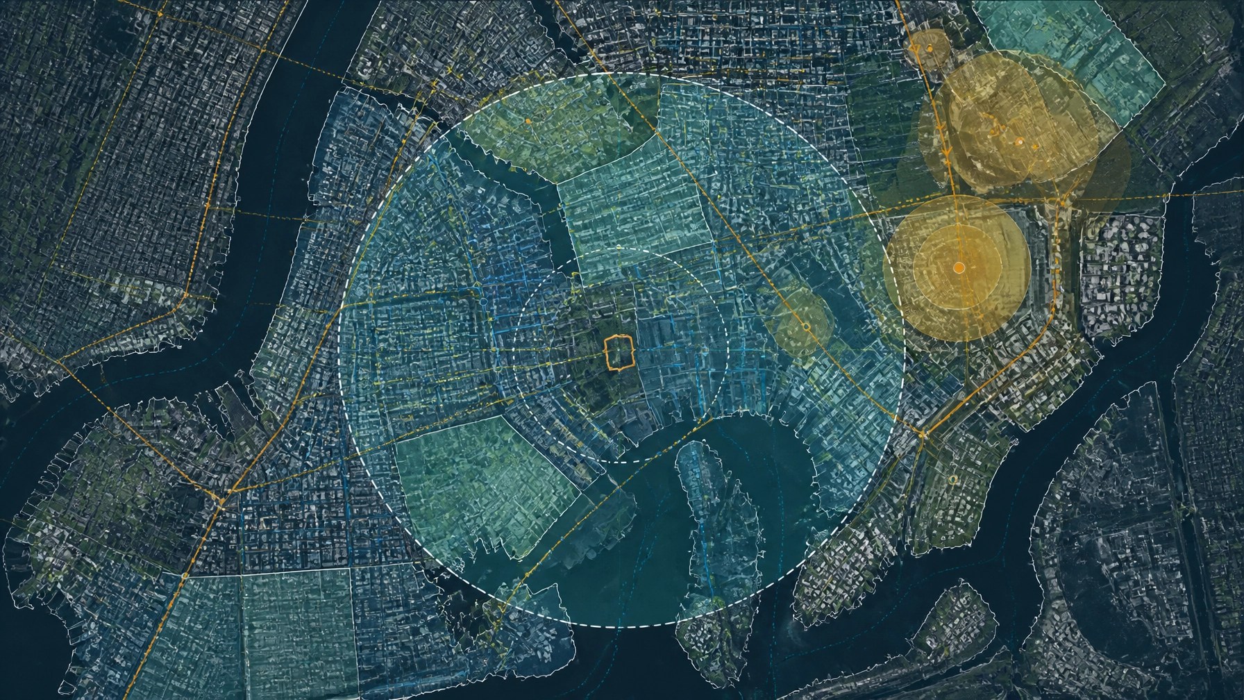 Technical GIS view of a development parcel with a half-mile screening radius, traffic corridors, and environmental burden layers