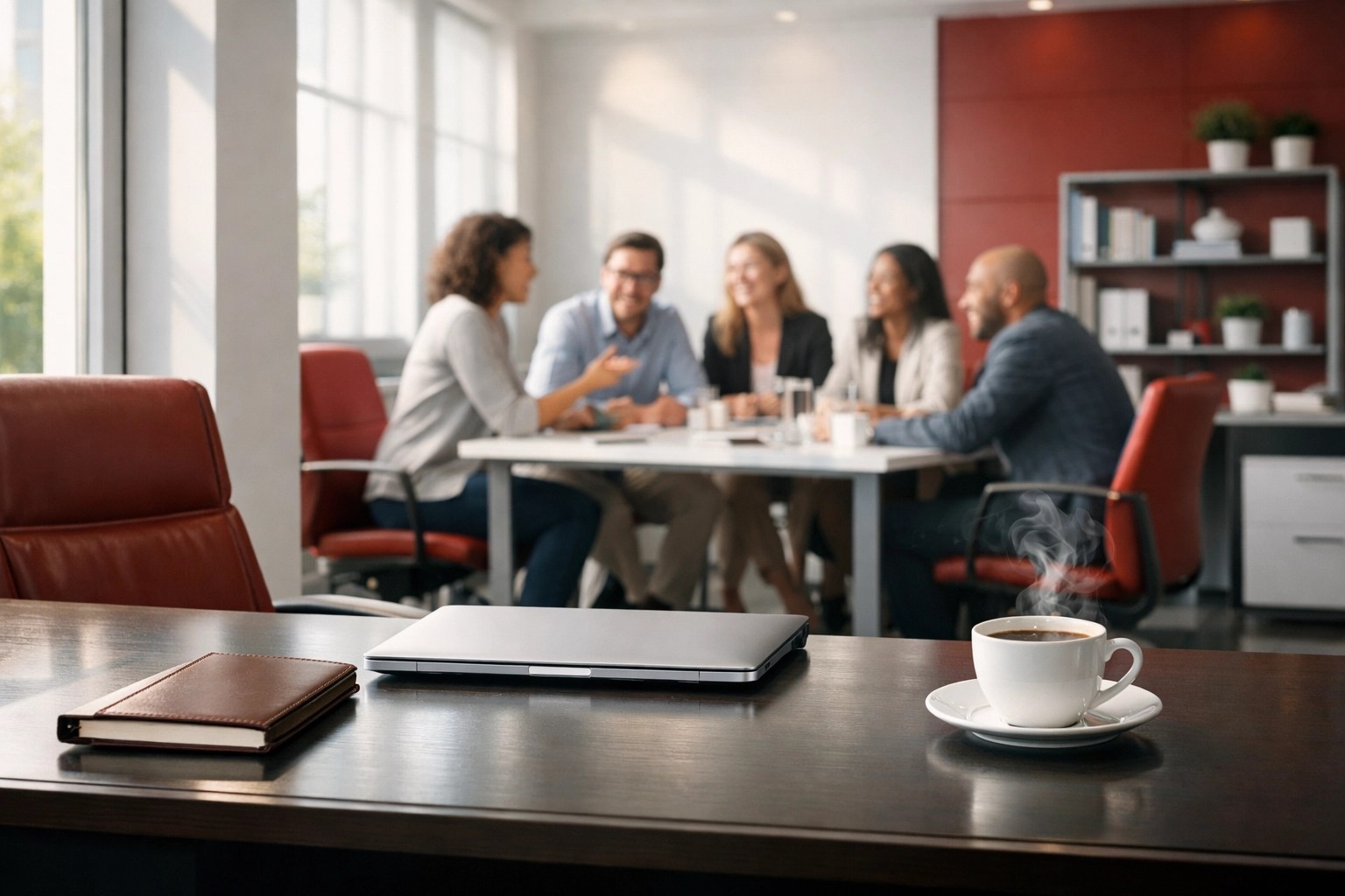 Empty executive desk overlooking a collaborative team representing leadership independence and strong systems.