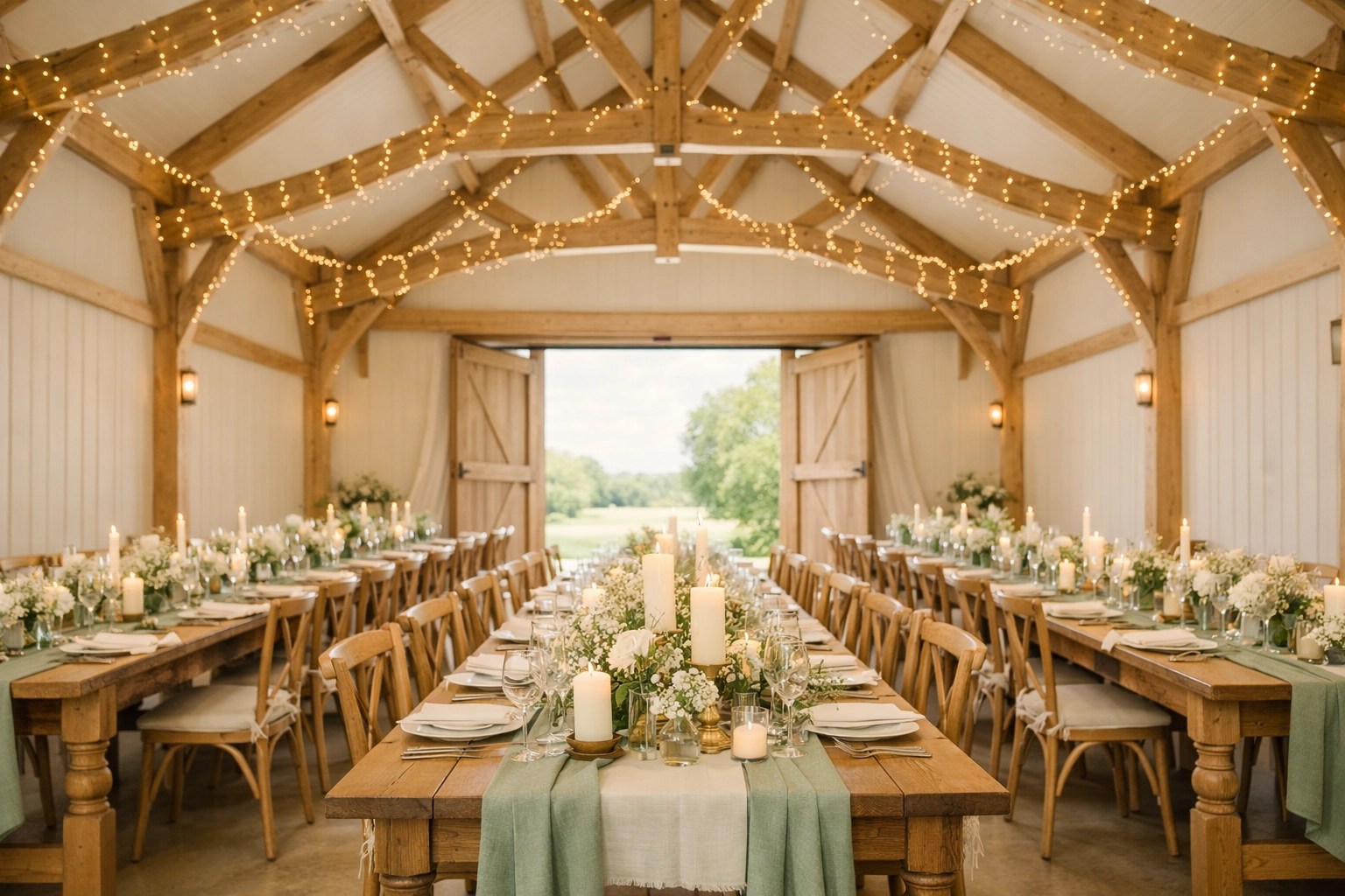Elegant rustic Cheshire barn wedding venue featuring oak beams, fairy lights, and long wooden tables.