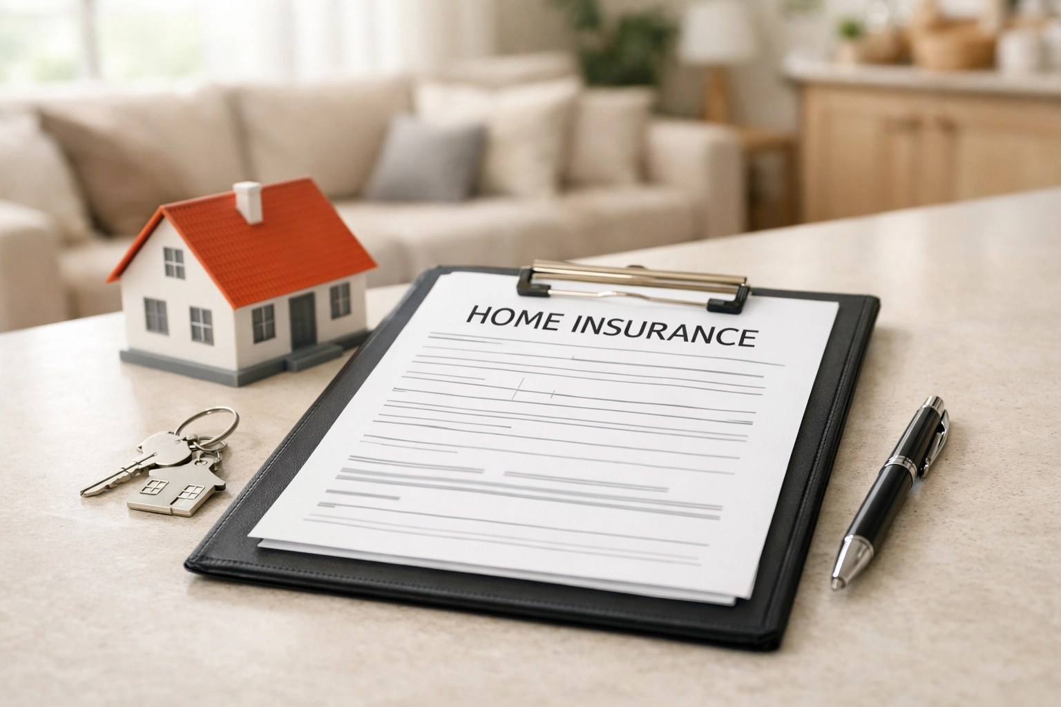 Home insurance documents with house keys and model home for NJ PA property buyers