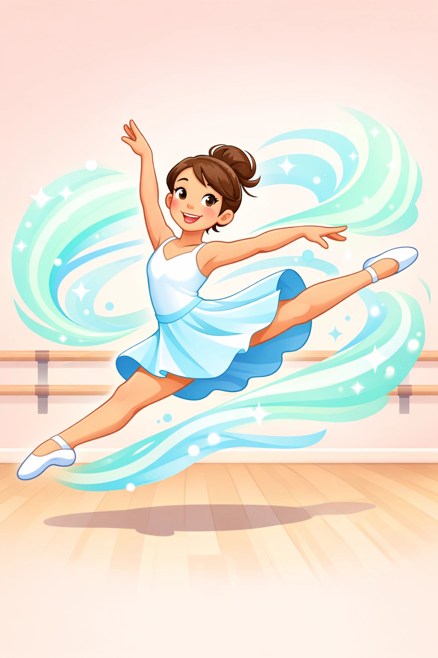 Happy dancer leaping with fresh air swirls, illustrating natural deodorant protection for stage performances.