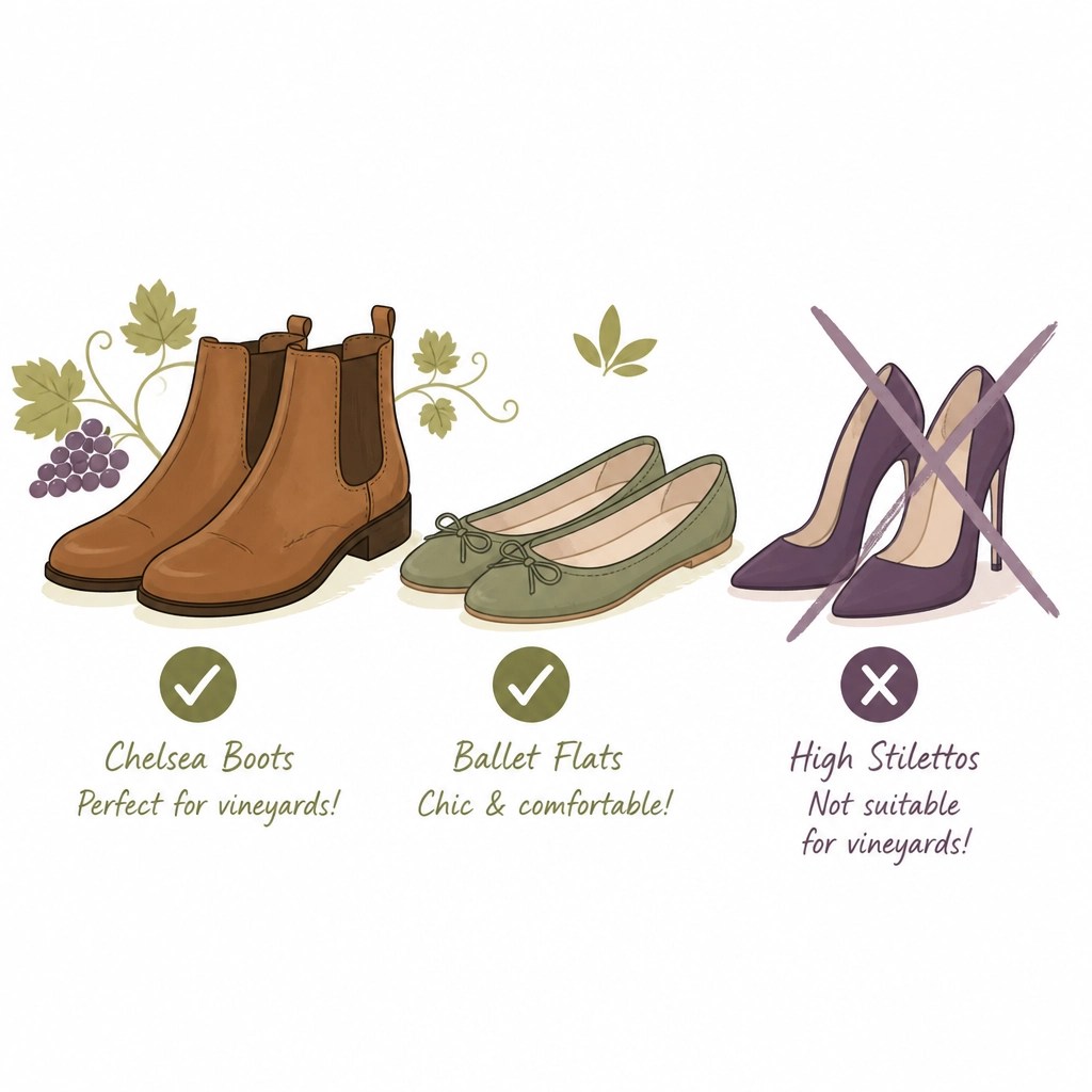 Illustration of vineyard-friendly footwear vs stilettos