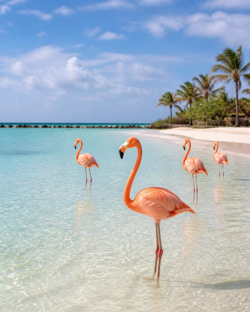 Pink flamingos standing in shallow turquoise water at Aruba’s Flamingo Beach