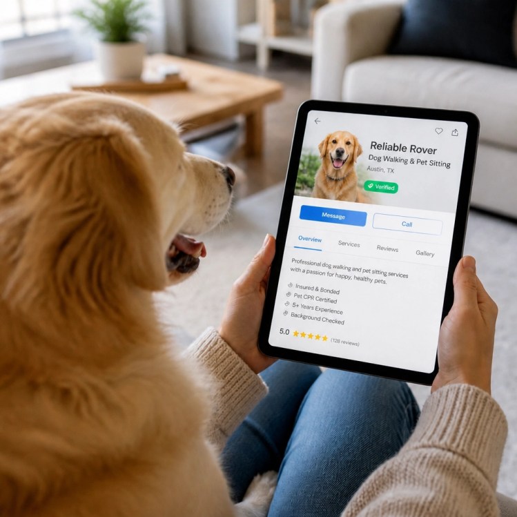 A pet owner looking at a verified pet service profile on a tablet with their dog.