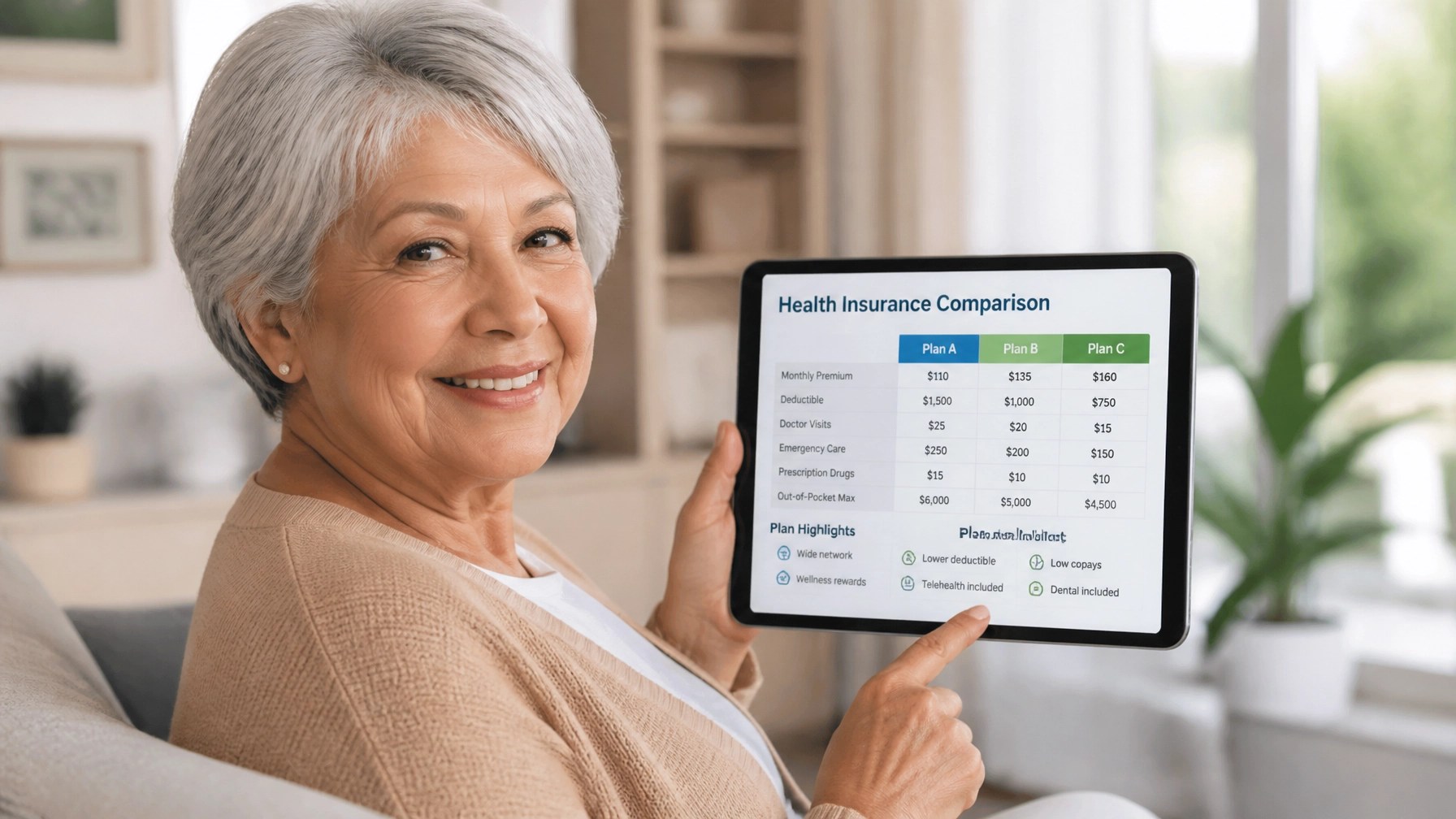 A senior person holding a tablet looking at health insurance comparison charts with a confident, reassuring smile