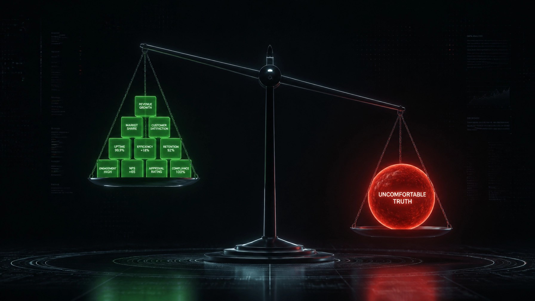 A minimalist, futuristic data visualization. A scale hangs in a dark, digital void. On one side, a pile of bright, 'safe' green blocks representing comfortable metrics. On the other side, a single, heavy, glowing red sphere representing a single uncomfortable truth. The scale is tipping toward the red sphere.