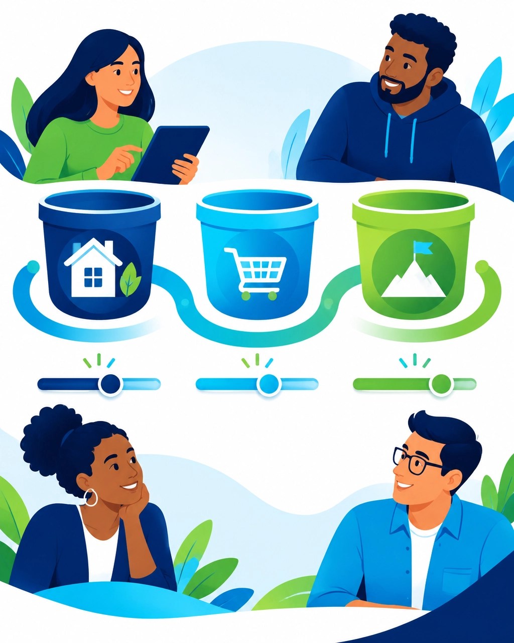 Flexible budgeting system with household essentials, everyday choices, and future goals