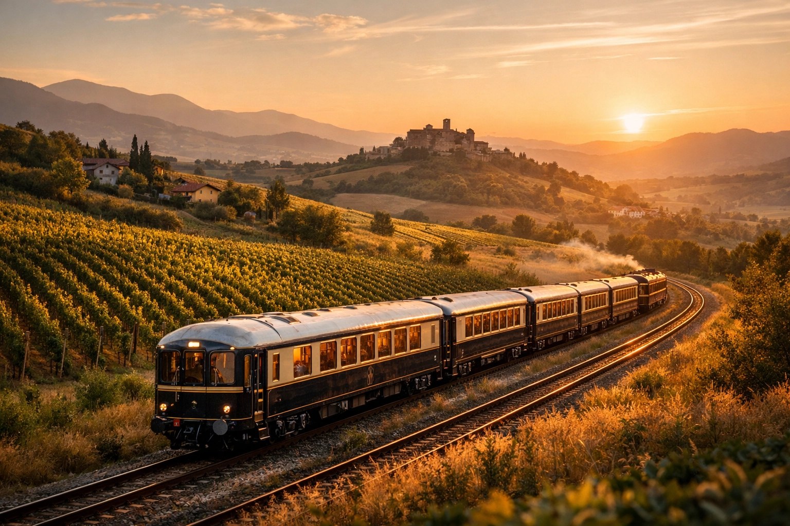 Luxury train in Northern Italy countryside at golden hour