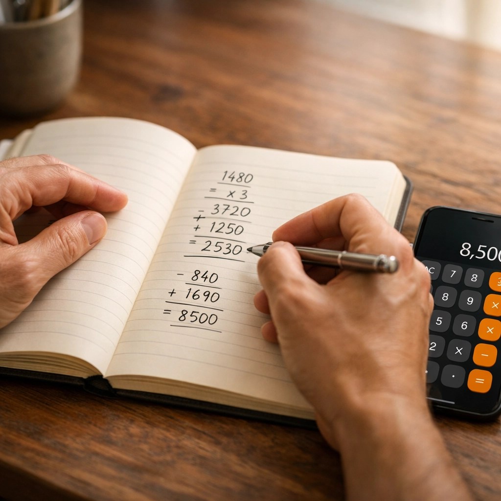 Hands calculating term life insurance needs with notebook and calculator