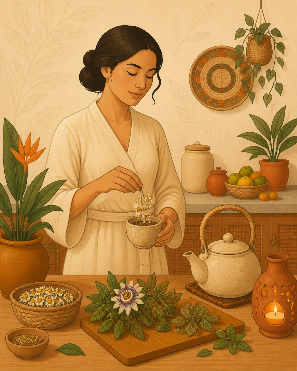 Ilustración de una rutina nocturna ayurvédica en Colombia, con infusión de manzanilla y hierbaluisa, además de hojas de pasiflora y toronjil