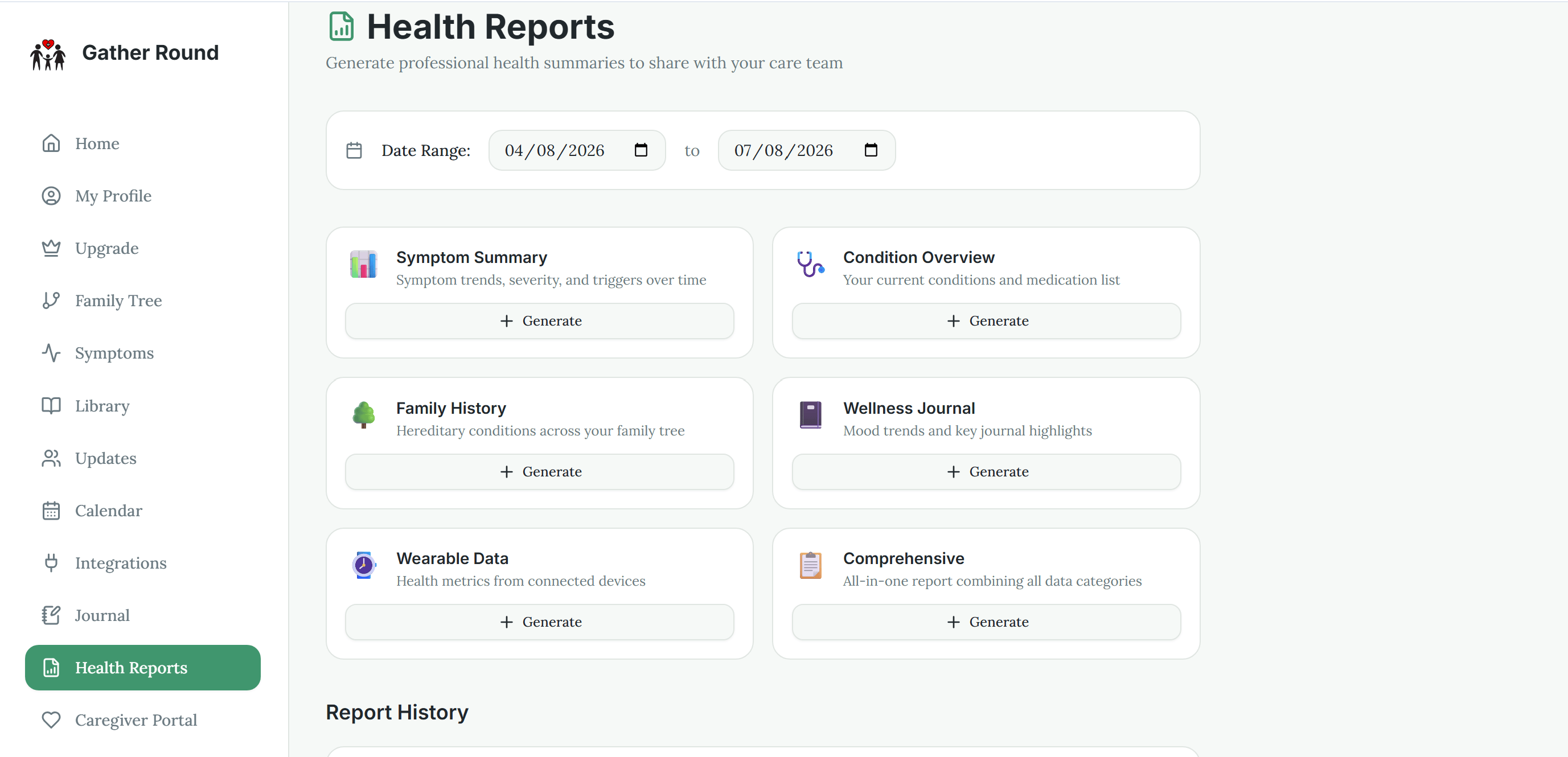 Gather Round PHA Health Reports dashboard showing a Family History report option for preparing a provider-friendly summary