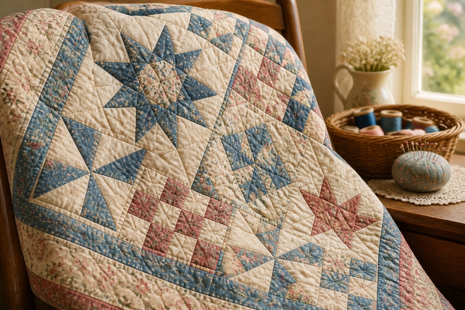 A close-up of a handmade quilt featuring traditional blocks, representing the heart and soul we pour into our community projects.