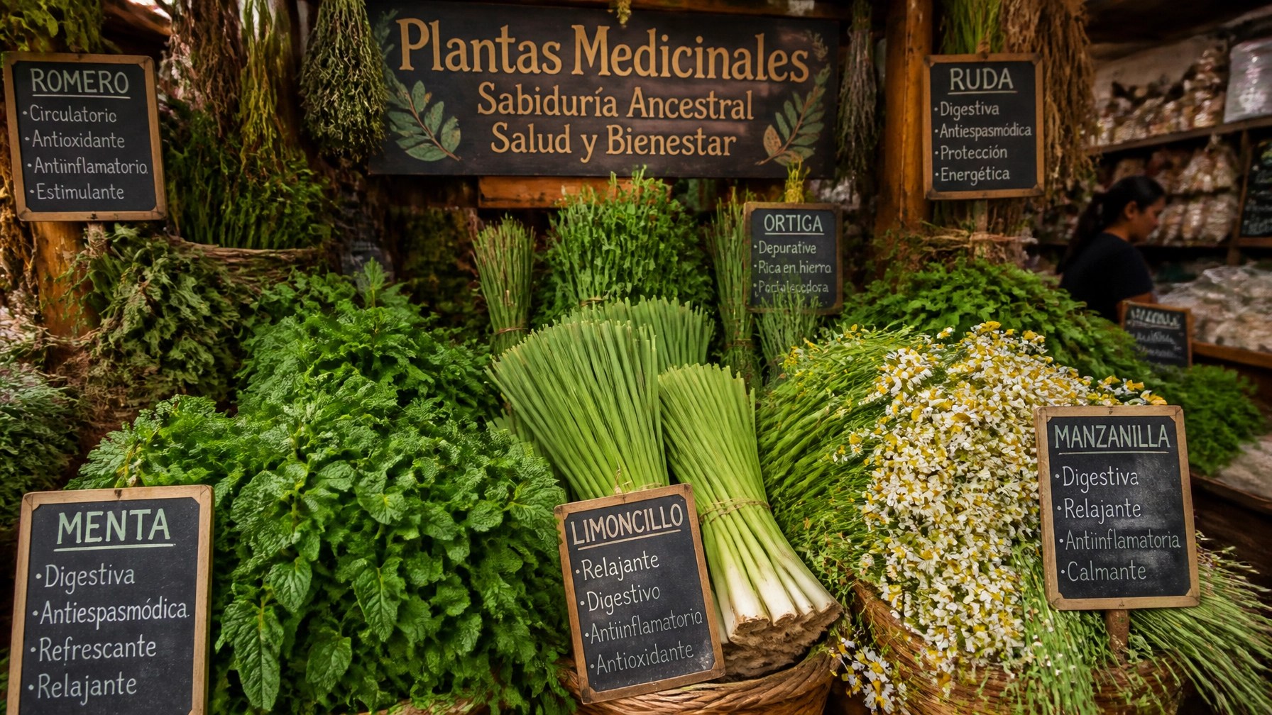 Puesto de hierbas medicinales en una plaza de mercado tradicional colombiana