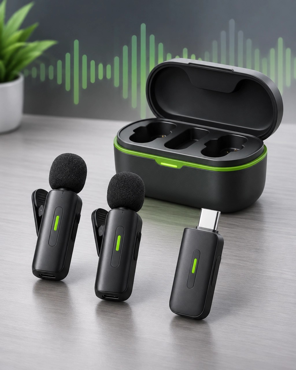 Illustrated wireless dual-transmitter microphone kit with receiver and charging case
