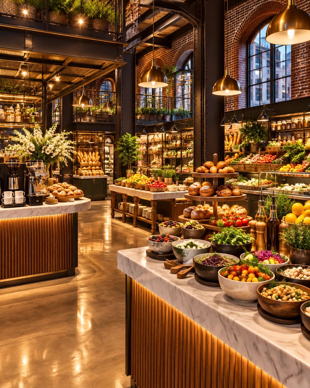 Warm, stylish New York food hall interior with prepared dishes and market details