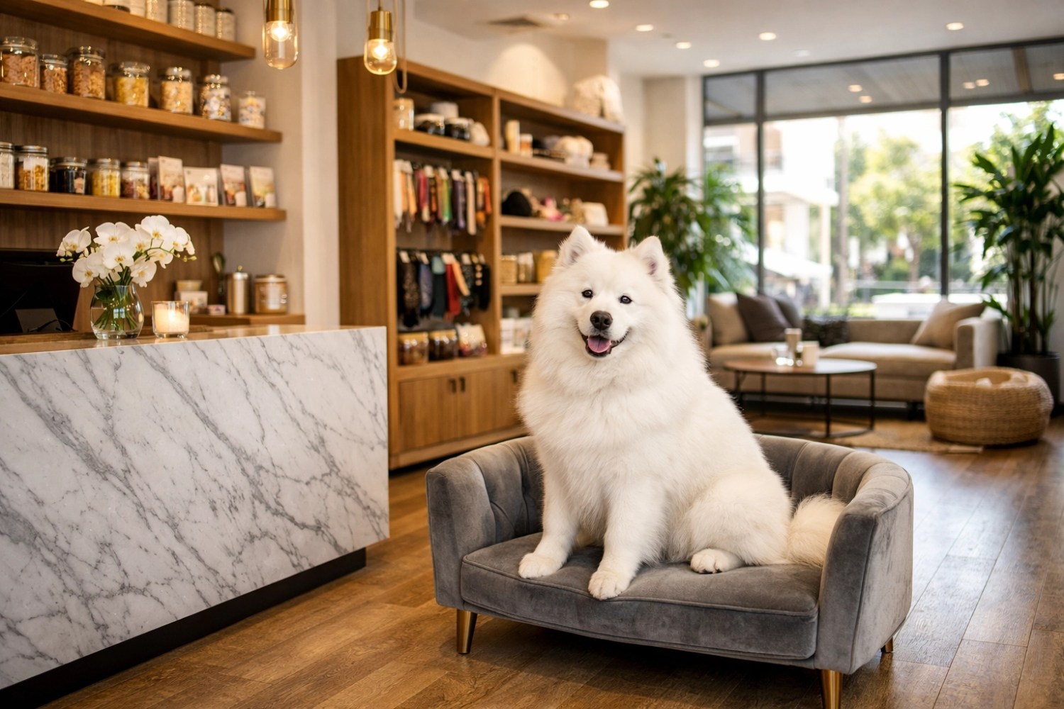 Upscale pet grooming salon interior with a Samoyed, illustrating professional pet business standards and growth.