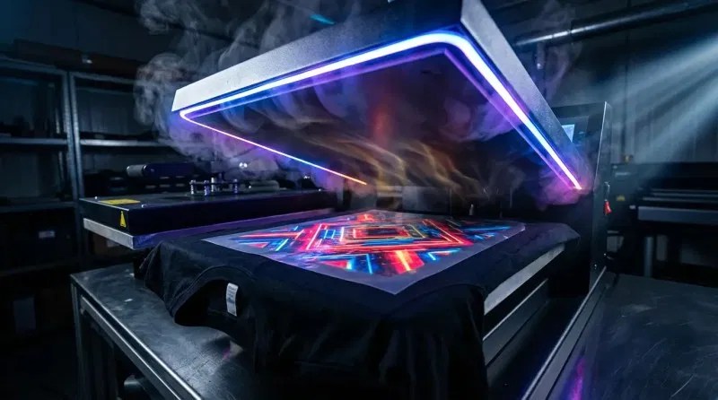 Printed DTF apparel designs shown on transfer film before heat application
