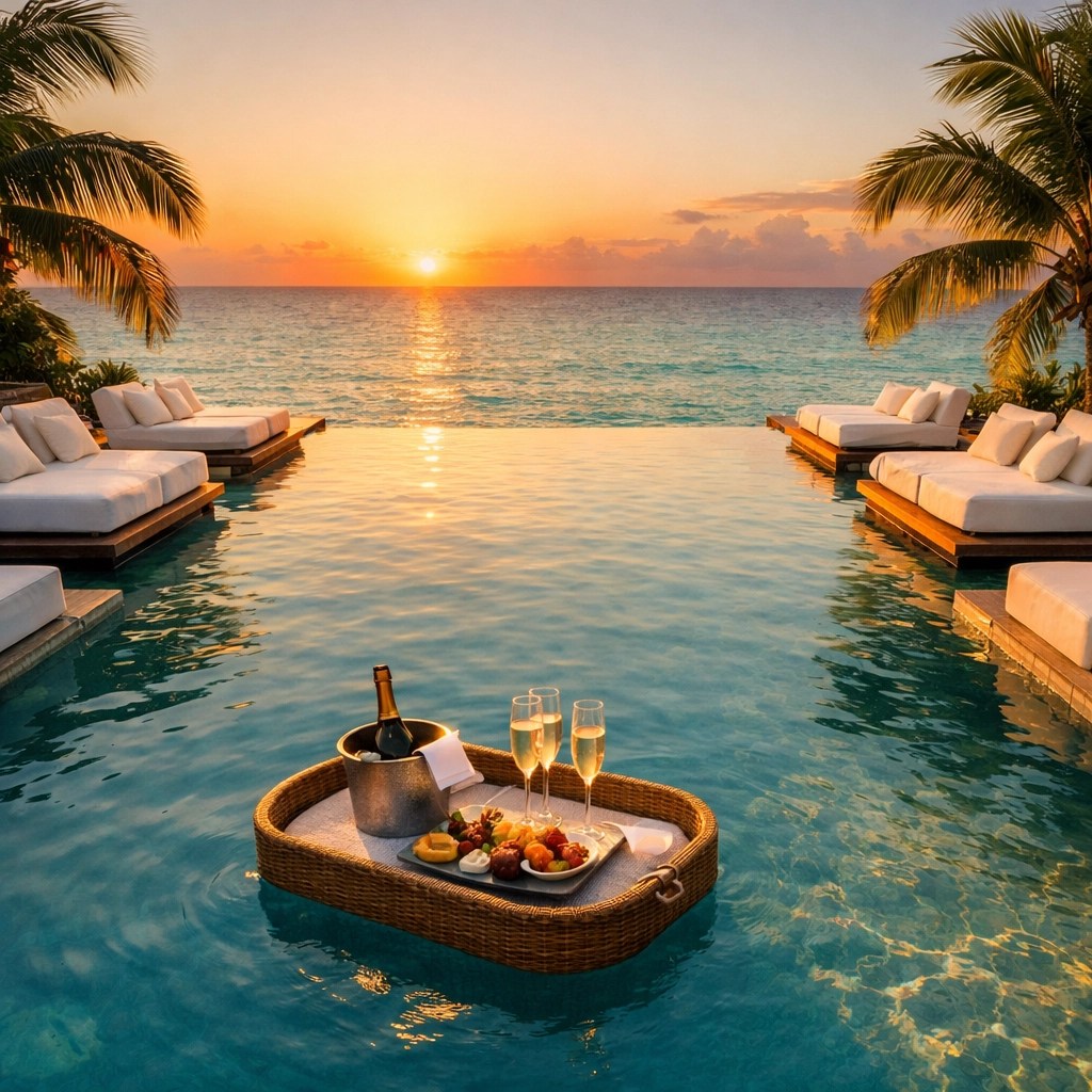 Infinity pool overlooking turquoise Caribbean Sea at adults-only luxury resort