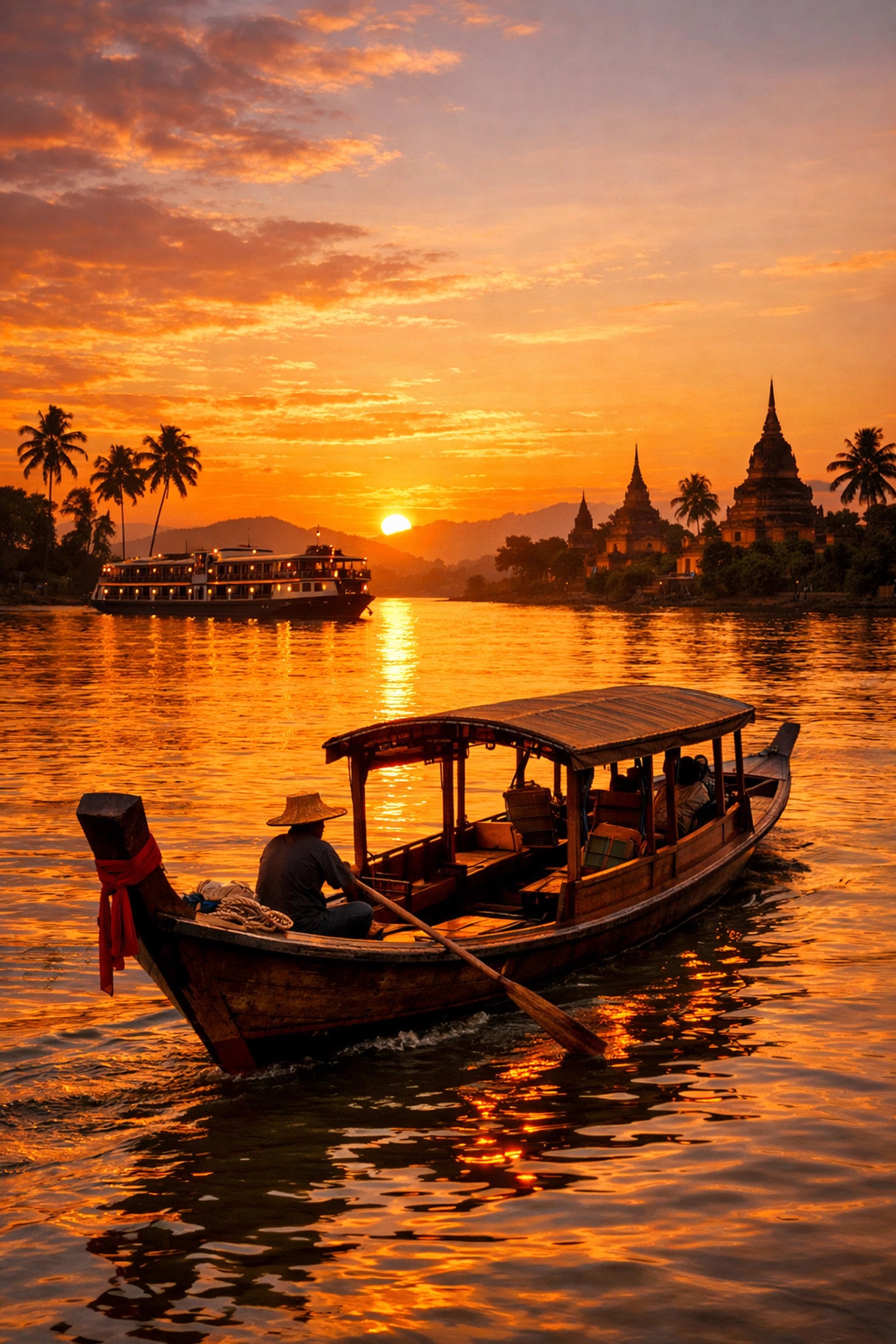 Boutique river cruise ship on Mekong River at sunset, exploring lesser-known Southeast Asian ports