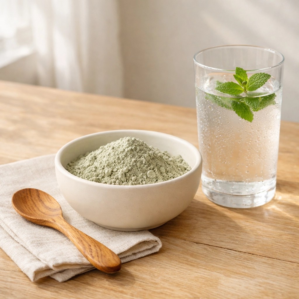 Preparation of food grade clay in a ceramic bowl with a wooden spoon for a safe and natural healing detox.