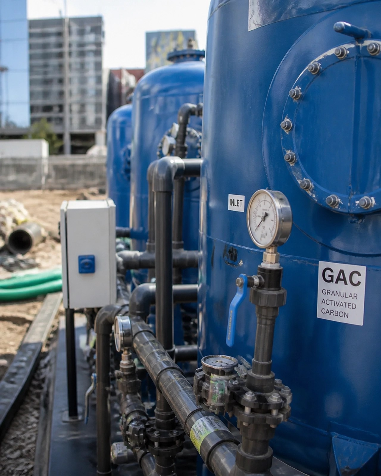 Technical shot of blue GAC groundwater filtration tanks on a New Jersey construction site.