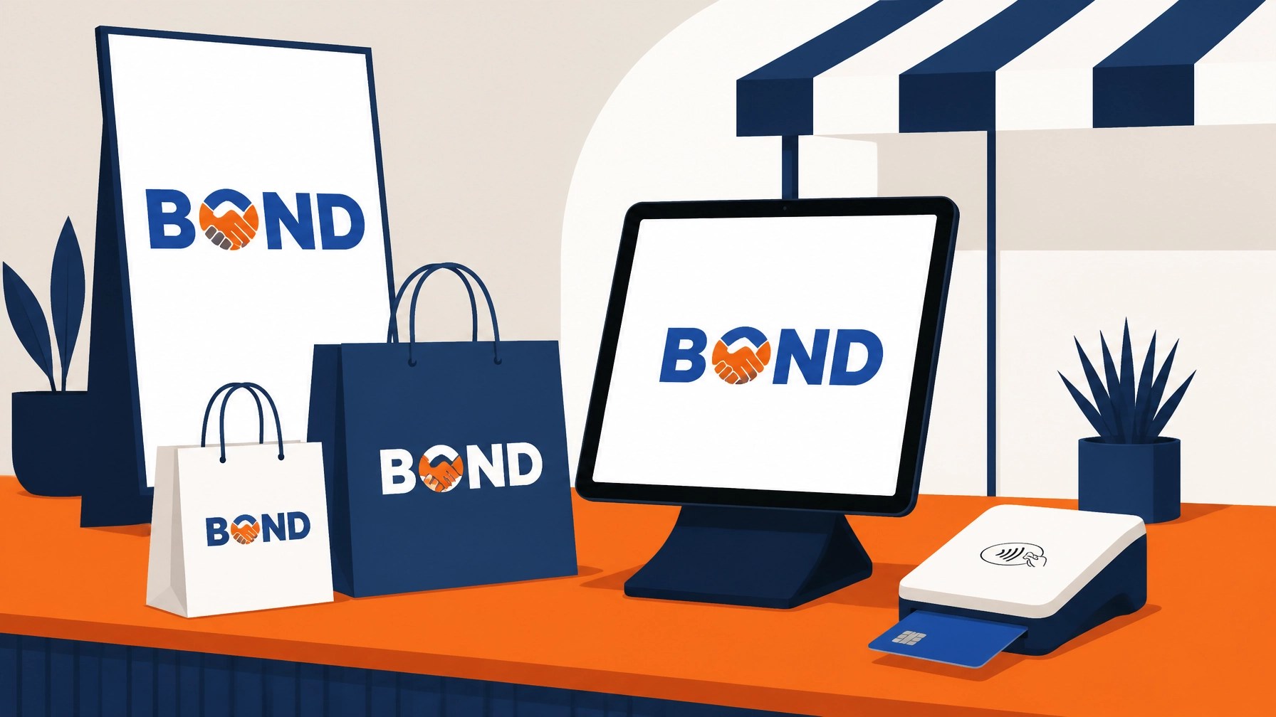A flat design illustration of a modern payment setup with a tablet, card reader, and shopping bags on an orange surface.