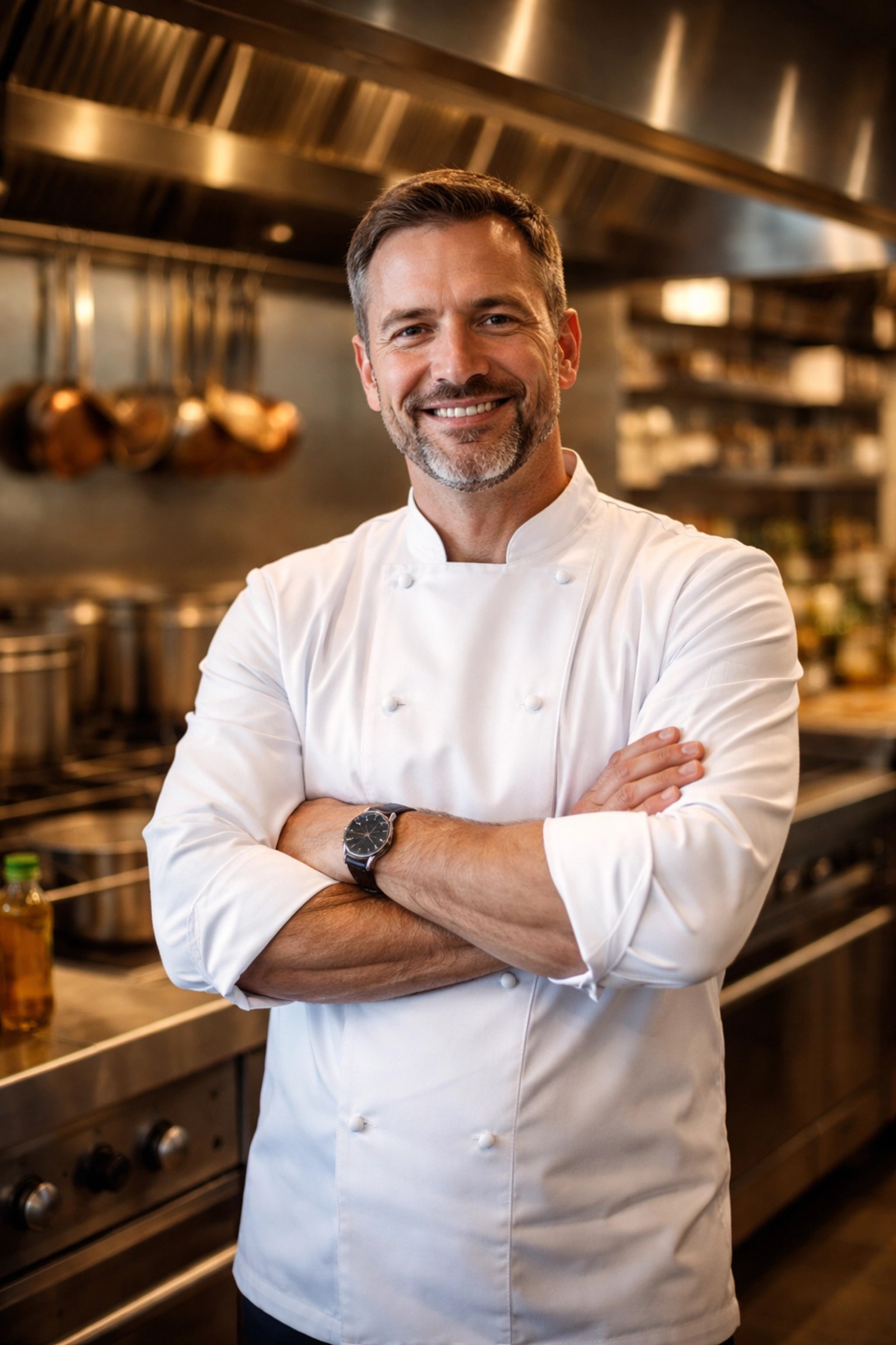 Confident restaurant owner in kitchen, representing success with commercial kitchen finance solutions