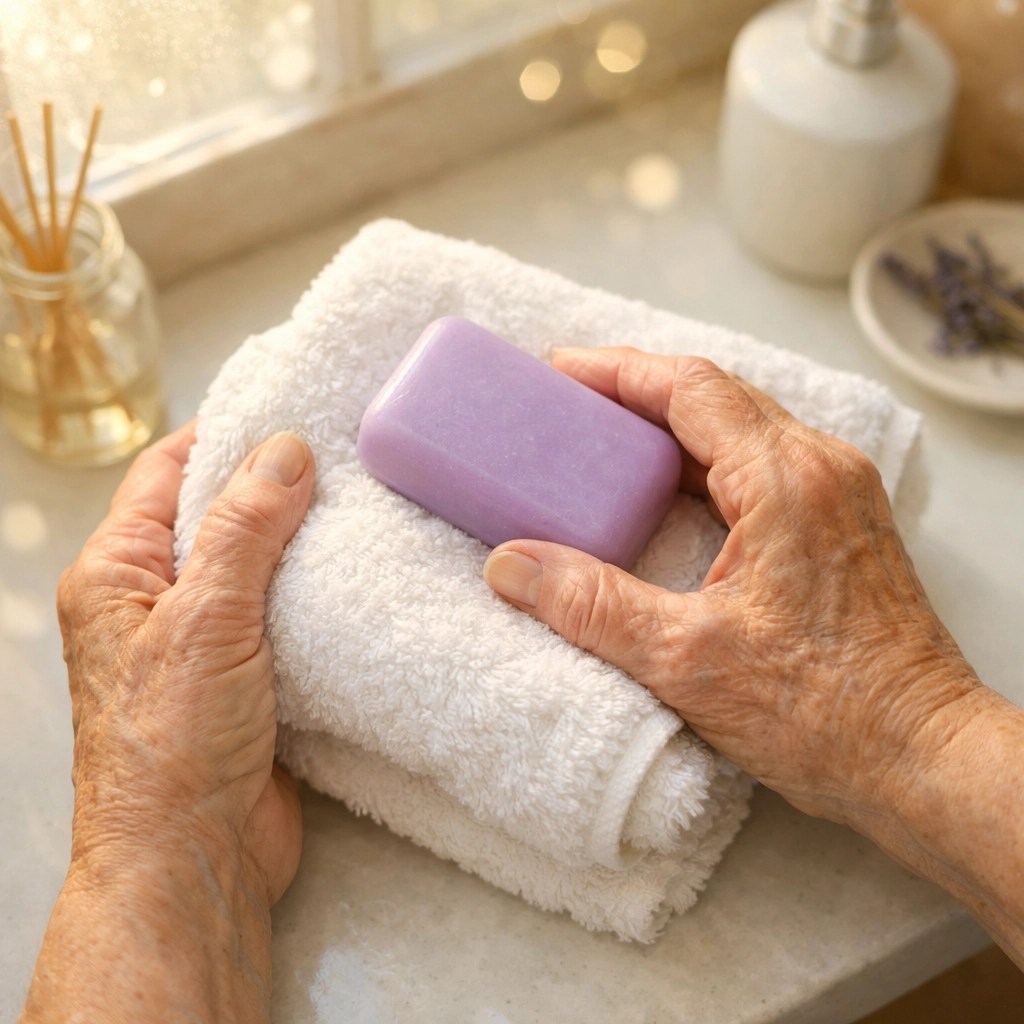Senior hands holding towel and soap representing personal hygiene care needs