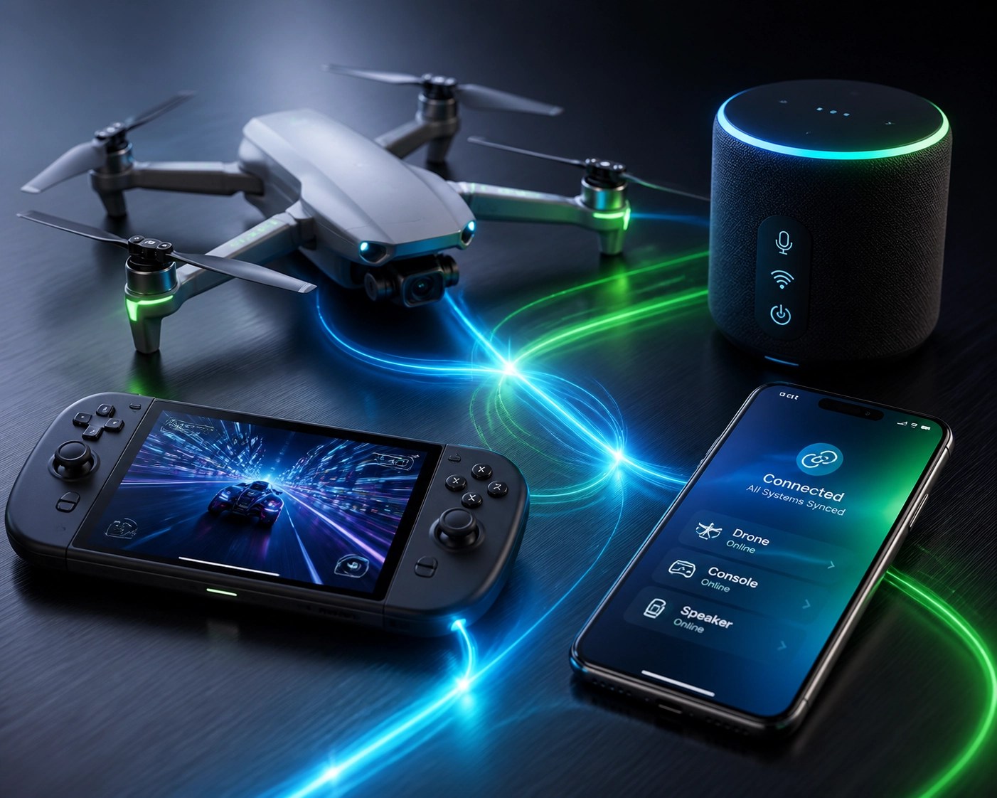Modern electronics connected by light, symbolizing device interoperability and the Right to Repair in Canada.