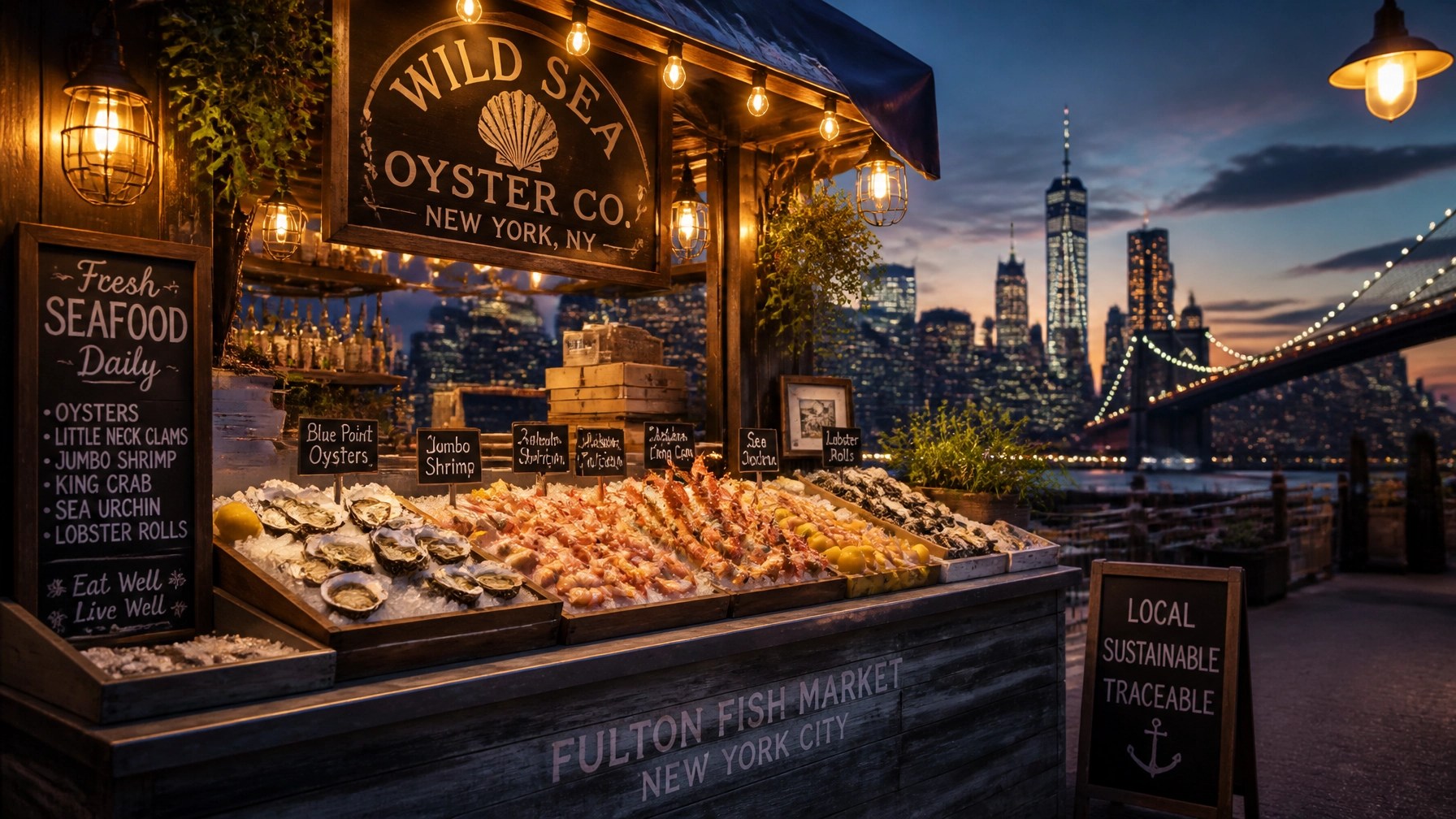 Outdoor food market stall in NYC at twilight with glowing string lights and seafood delicacies